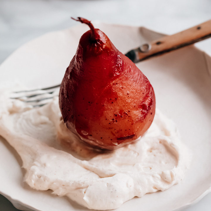 Pomegranate Poached Pears with Cardamom Cream